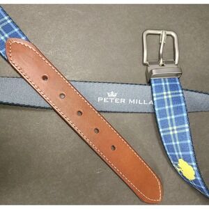 Peter Millar Men's Golf Belt Size 42 Blue Plaid Leather Trim Needlepoint Style